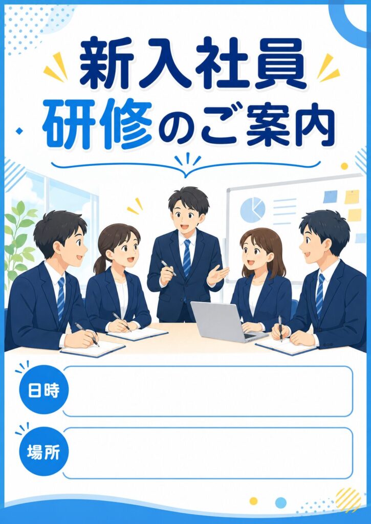 文章で指示して生成した新入社員研修の告知ポスター(パターンA)